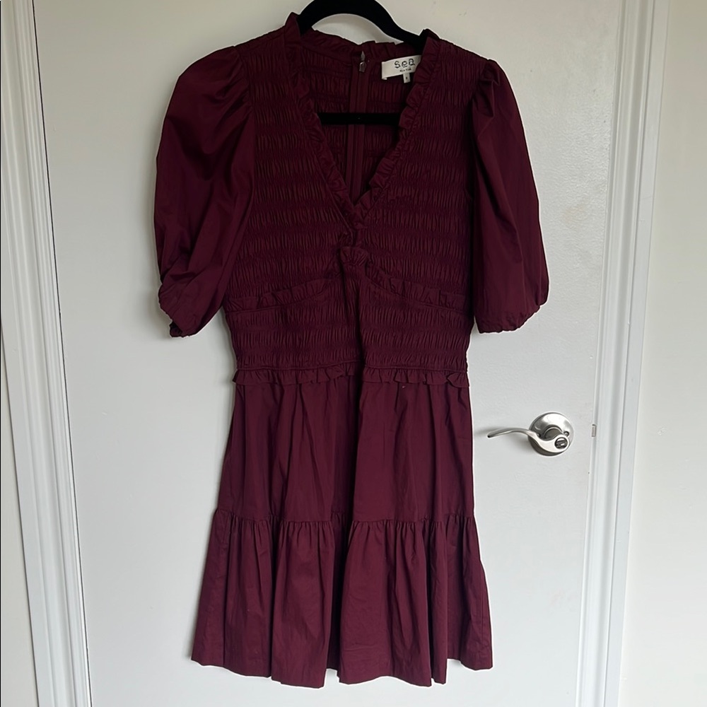 Sea NYC Burgundy Mini Dress with Puff Sleeves